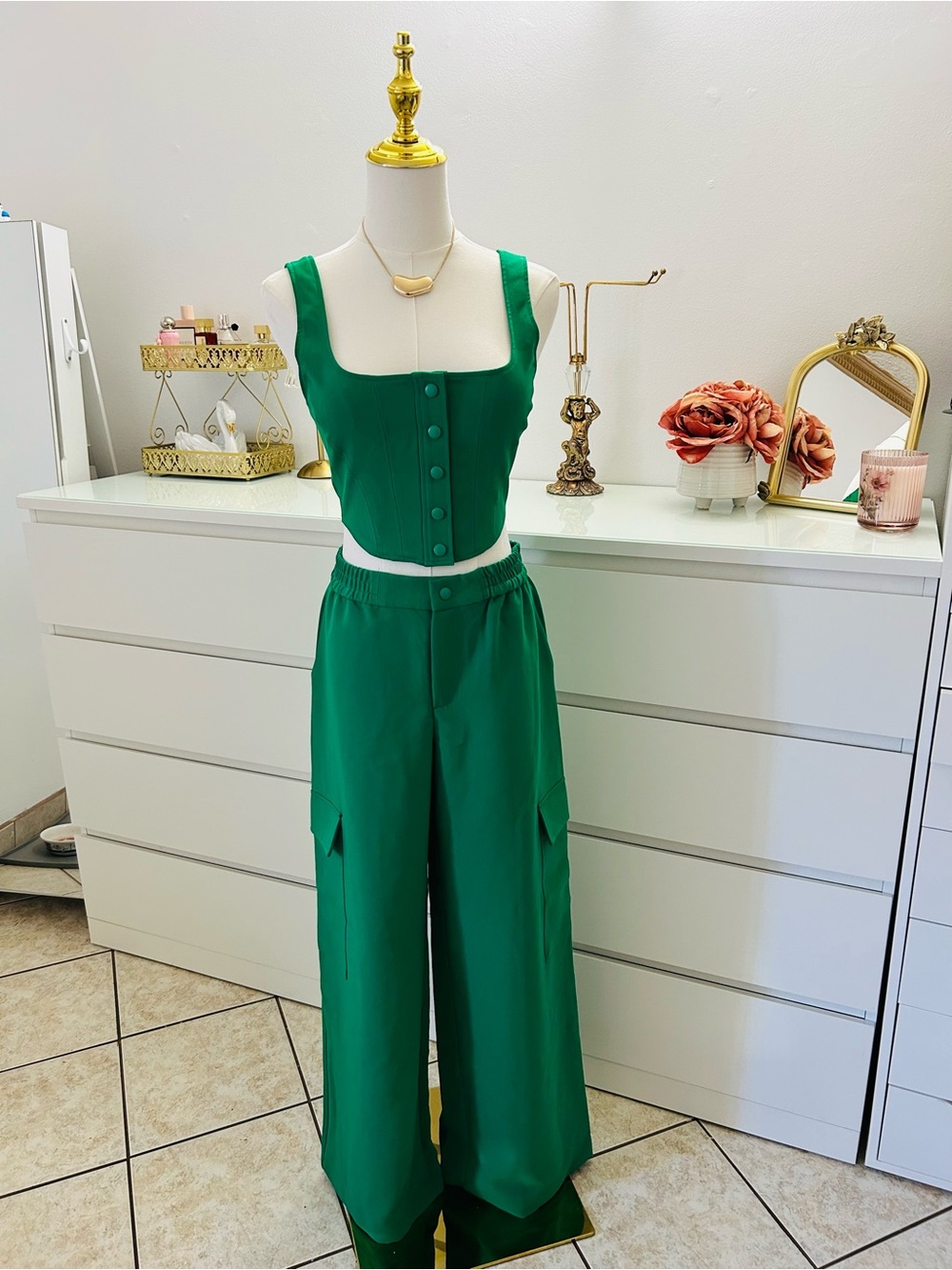 Wayf Emerald Green Wide-Leg Cargo Pants and Crop Top Set